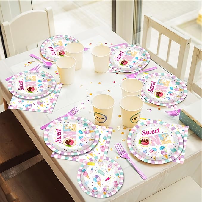 chiazllta 96Pcs Sweet One Ice Cream 1st Birthday Party Paper Plates and Napkins Supplies, Ice Cream Popsicle First Birthday Tableware Decorations for Party Favors 24 Guests