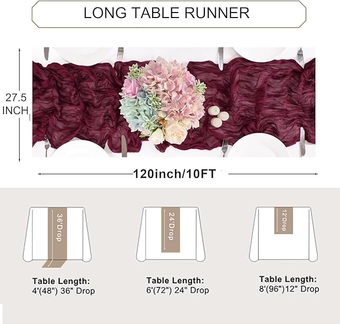 Snowkingdom 6PCS 10 Ft Burgundy Red Cheesecloth Table Runner, 120inch Long Cheese Cloth Boho Gauze Runner for Wedding Bridal Baby Shower Birthday Valentines Sheer Table Decorations