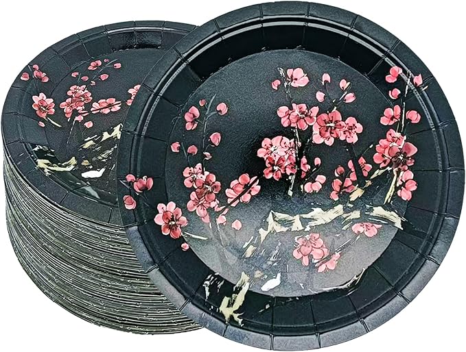 50Pcs Chinese New Year Party Supplies Chinese Japanese Cherry Paper Plates 7"Cherry Blossom Dessert Plates Flowers Plates for Birthday Wedding Chinese New Year Spring Festival Decorations (Black)