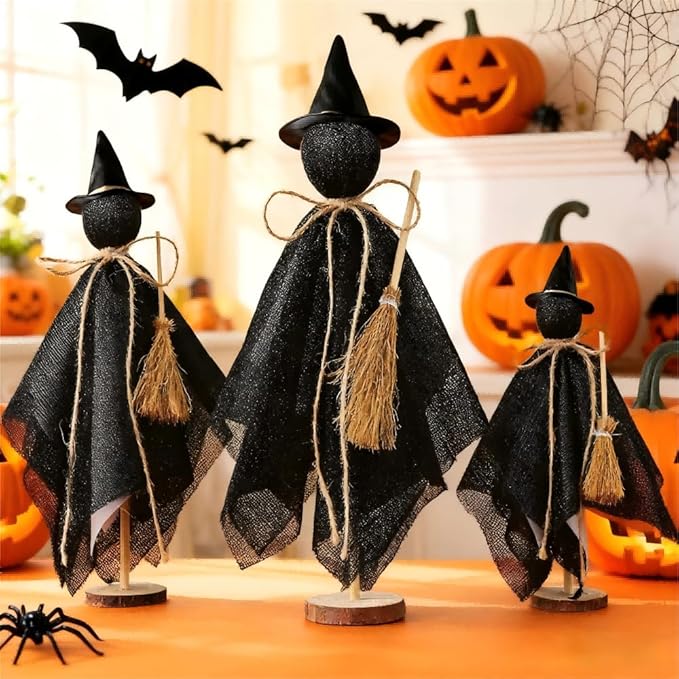 Halloween Decorations Indoor - 3 Set Primitive Halloween Wtich with Hat, Wooden Stand Witch Decor for Table Centerpieces, Mantels, Shelves, Vintage Spooky & Festive Party Decor