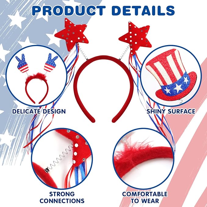 9PCS 4th of July Decorations Patriotic Head Boppers Headband, Independence Day Red White Blue Party Favors Accessories