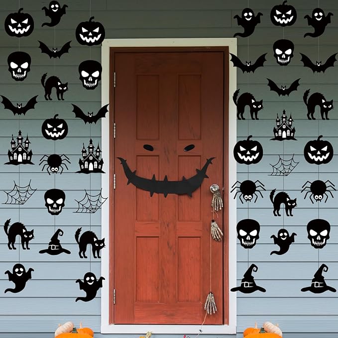 Xinnun 8 Pcs Halloween Party Decorations Garland Spooky Ghosts Skulls Pumpkin Hanging Banner Halloween Black Creepy Party Ceiling Garland for Outdoor Indoor Haunted House Horror Birthday Decor
