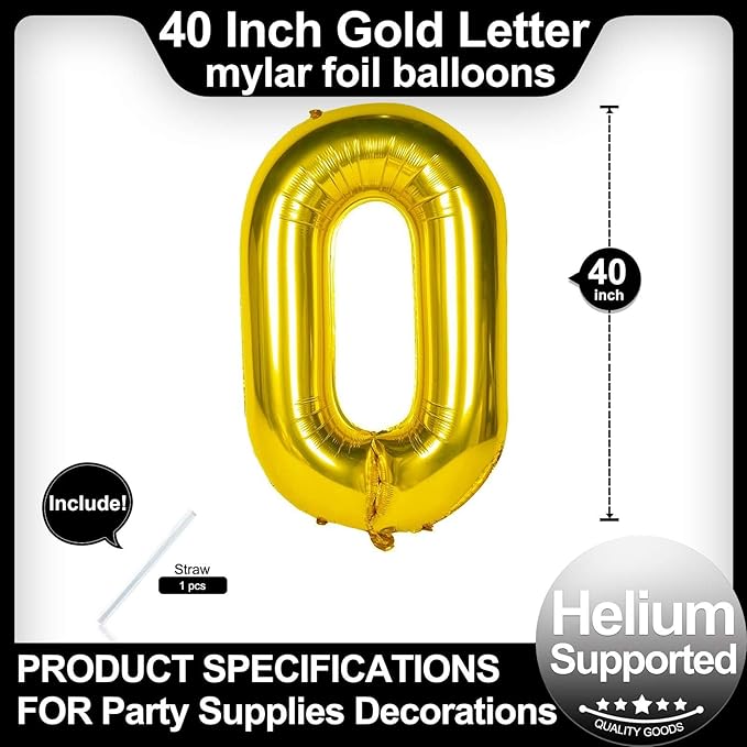 40 Inch Gold Letter O Balloons, DIY Phrase Foil Alphabet Letter O Balloons DIY Word O Banner for Birthday Anniversary Celebration Graduation Party Supplies Decoration