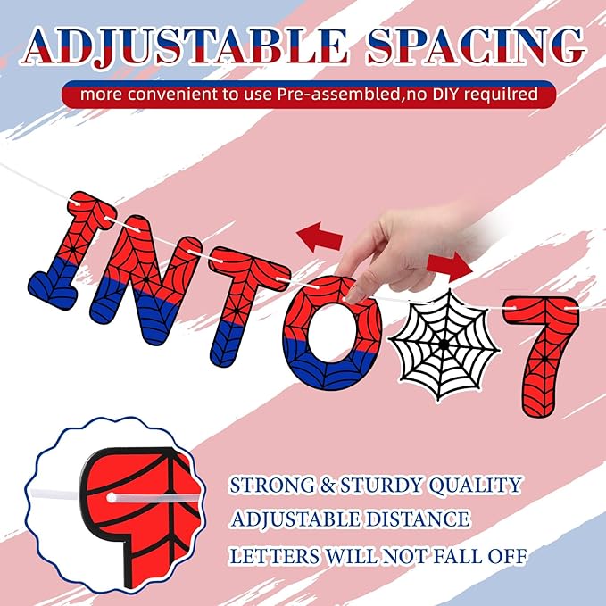 TaoBary Spider Theme 7th Birthday Banner, Pre-strung Swinging into 7 Banner, Spider 7th Birthday Decorations Party Supplies for Kids, Seventh Decor for 7 Year Old Boys Girls(Red and Blue)