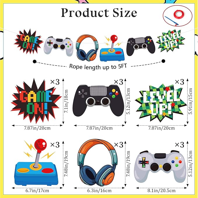 Video Game Happy Birthday Banner - Game On Controllers GamePad Birthday Decorations Party Decor Supplies for Kids, Boys, Girls, Baby Showers