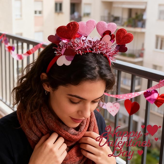 1pcs Valentines Headband Red Heart Headbands with Sequin Heart Hair Accessories Shiny Pink Tassel Head Bopper for Valentines Holiday Wedding Birthday Costume Accessory