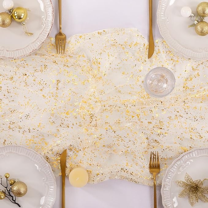 Socomi Gold Table Runner Gauze Tulle Sheer Glitter Metallic Foil Chiffon Cheesecloth Sequin 10FT Wedding Birthday Party Dining Anniversary Holiday Centerpiece Table Decor Beige