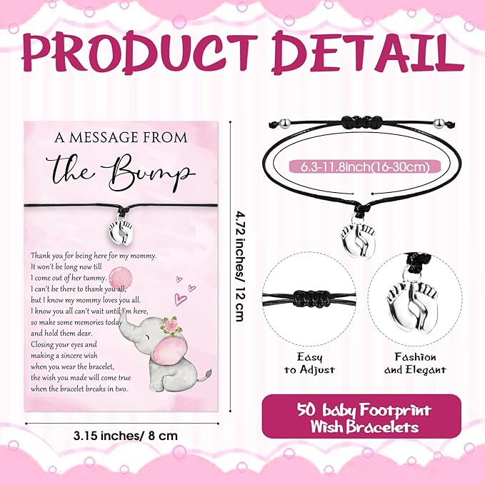 Thyle 50 Set Pink Elephant Baby Shower Favors for Guests Adjustable Bracelets with Message from the Bump Card Footprints Charm Baby Shower Bracelets for Gender Reveal Thank You Gifts