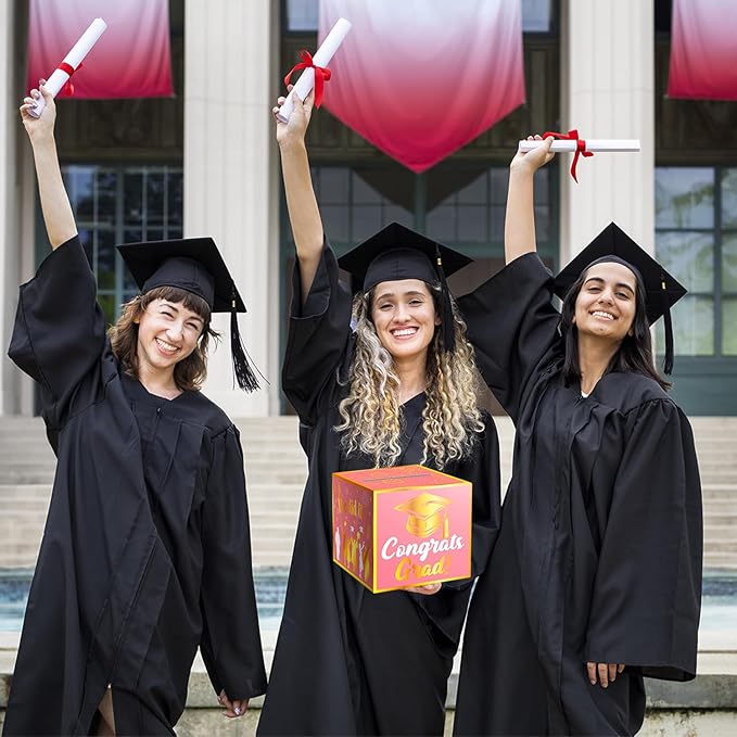 Graduation Card Box Holder, Congrats Grad Foldable Cardboard Decorations Box for Graduation Party Favors Decor Party Supplies (Pink Gold)