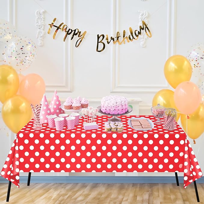 WNINK 2 Pack Red and White Polka Dot Tablecloths – Disposable Plastic Waterproof Table Cover, 54" x 108", for Birthday, Wedding, Bridal Shower, Bachelor Party, and Picnic