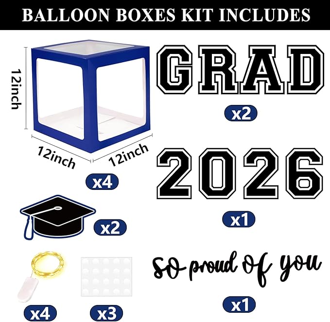 DAZONGE Navy Blue Graduation Decorations 2026 - Set of 4 Grad Balloon Boxes with 139pcs Balloon Arch Garland Kit & 4 Lighted Strings - So Proud of You 2026 Graduation Decorations