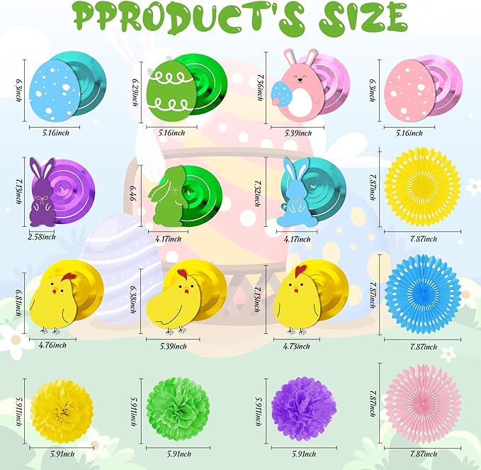 Easter Animal Party Decorations Set for Home: Happy Easter Banner Egg Bunny Hanging Swirls Yellow Purple Green Pom Pom Ornaments Spring Decor for Indoor Birthday Party Supplies