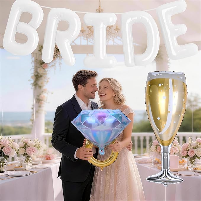 40inch White Bride Balloons Bachelorette, Bride To Be Bridal Shower Balloon Diamond Ring Champagne Glass Foil Balloon for Bachelorette Bridal Shower Engagement Wedding Hen Night Room Party Decorations
