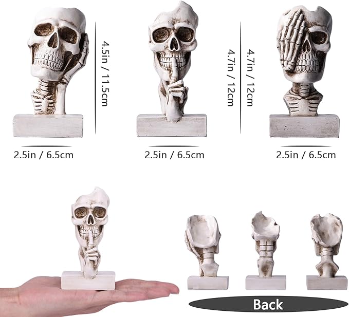 See Hear Speak No Evil Skeleton Figurines Set,Gothic Evil Skull Trio Statue,Vintage Skeletons for Halloween Decorations Indoor,Living Room Fireplace Floating Shelf Coffee Table Centerpiece Decor