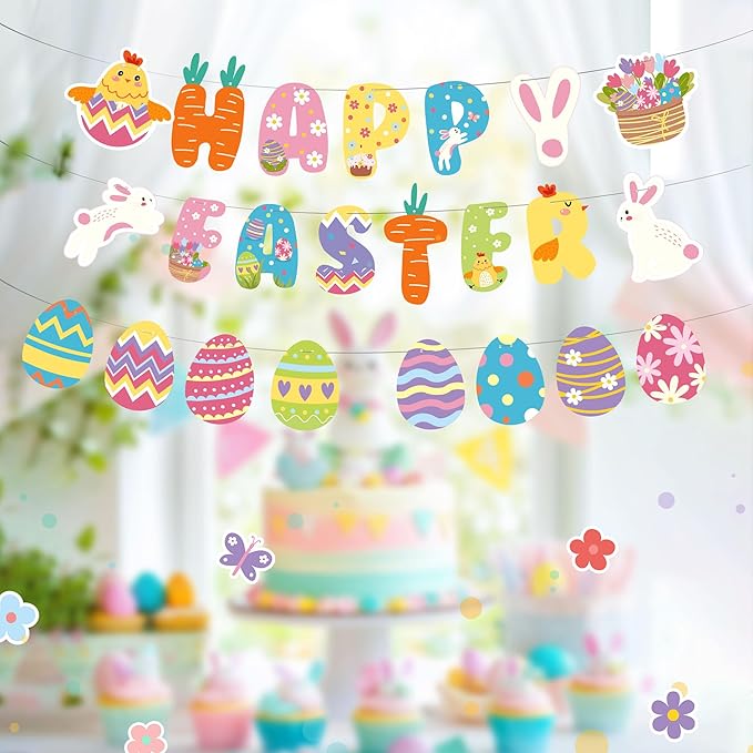 Party Spot! 60 pcs Easter Party Decorations Kit, "Happy Easter" Banner,Easter Centerpiece,Table Decorations,Hanging Swirls,Stickers,Tablecloth,Easter Party Supplies Indoor,Bunny Party