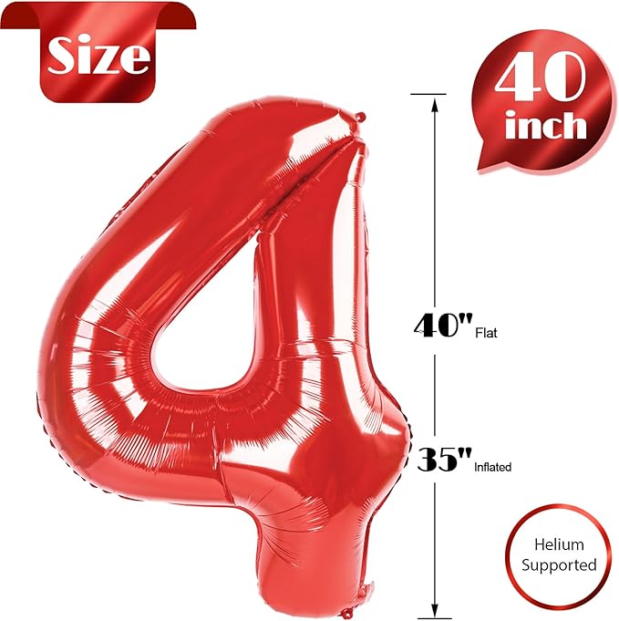Red Number 4 Balloon 40 Inch, 4th Birthday Party Decorations for Children, Giant 4 Foil Balloon for Party Supplies