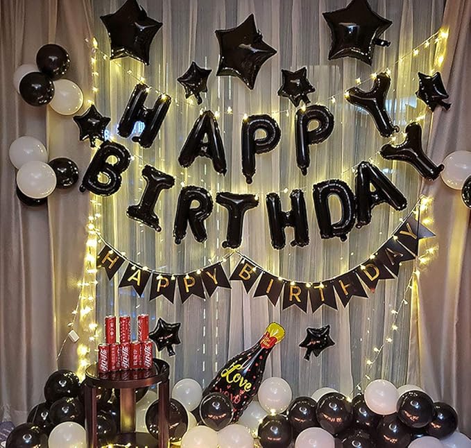 KALOR Black Happy Birthday Balloons Banner, 16 Inch Mylar Foil Letters Balloon Sign for Birthday Party Decorations Photo Booth Backdrop