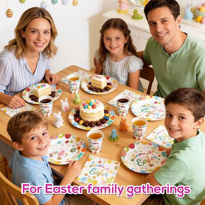 200PCS Easter Paper Plates and Napkins Set, Bunny & Egg Theme, 9" Dinner Plates, 7" Dessert Plates, 9oz Cups and Napkins, Heavy Duty Disposable Tableware for Easter Party Supplies, Serves 50