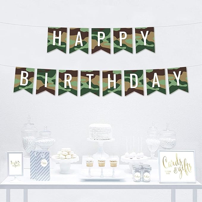 Andaz Press Hanging Pennant Banner Party Decorations, Camouflage Theme, Happy Birthday, 1-Pack, Approx. 5-Feet, Video Game Gaming Gamer Woodland Deer Themed Decor