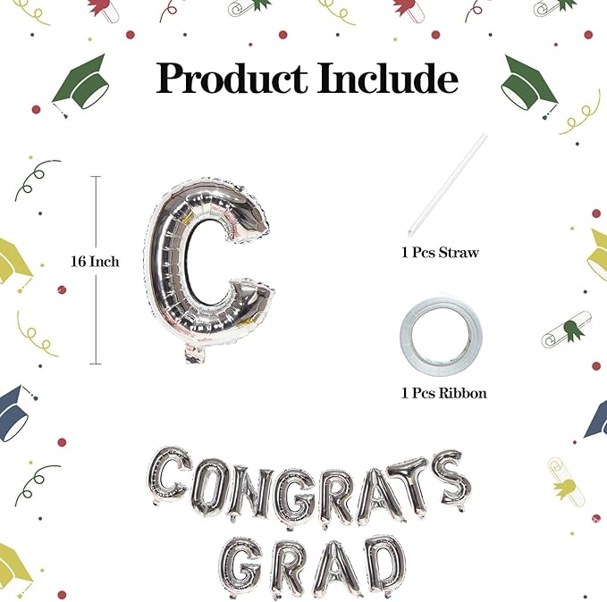 KALOR 16 Inch Silver Congrats Grad Banner Balloons, Silver Congrats Grad Letters Sign, Graduation Decorations 2026 for Graduation Party Decorations 2026