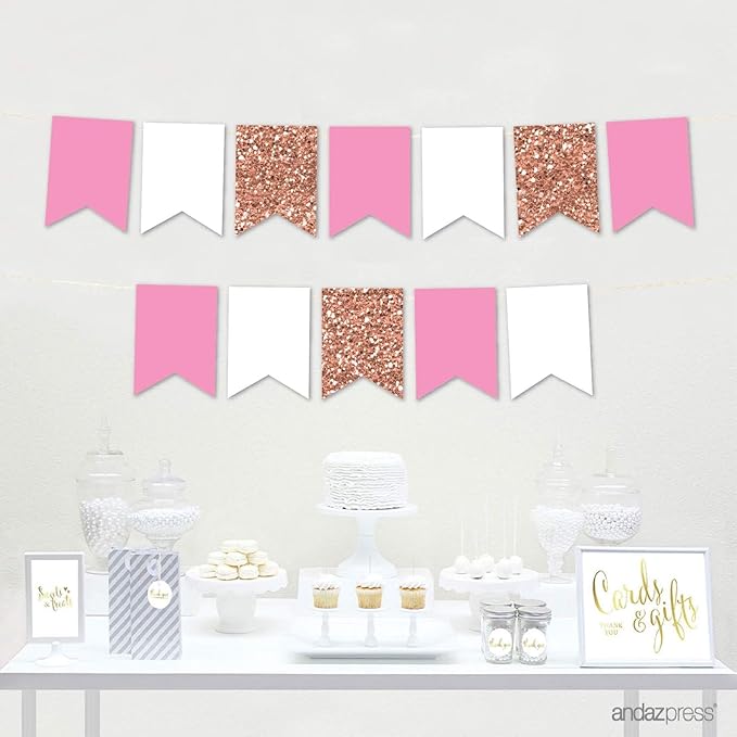Andaz Press Hanging Pennant Banner with String, Faux Rose Gold Glitter, White, Pink, 1-Set, 24 Pennants, Approx. 12-Feet Long, Girl's 1st Birthday Baptism Communion Theme Colored Supplies