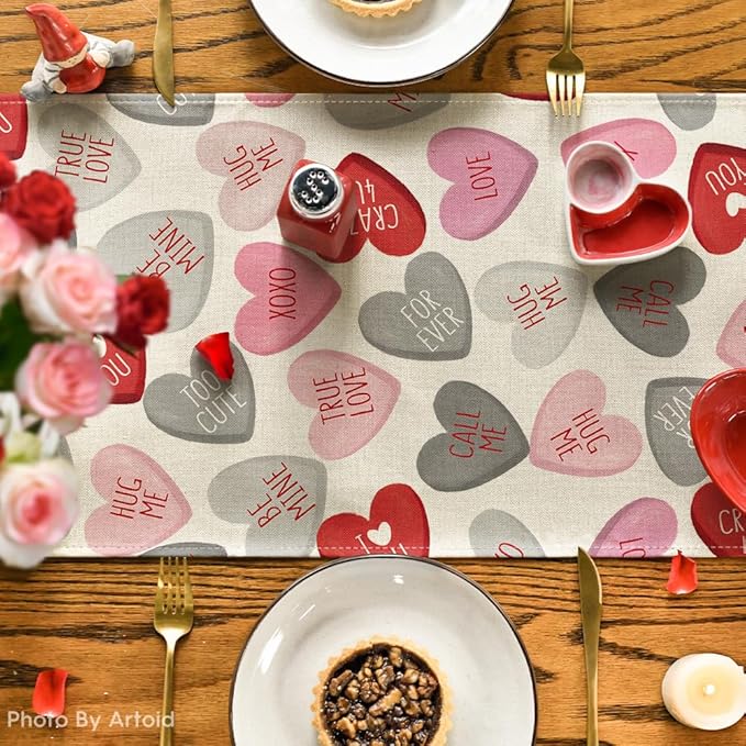 Artoid Mode Grey Pink Ture Love Heart Valentine's Table Runner, Seasonal Kitchen Dining Table Decoration for Home Party Decor 13x72 Inch