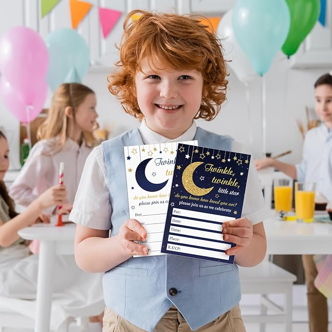 Qyeahkj 36pcs Stars Invitations Twinkle Little Star Baby Shower Invitation Cards with Envelopes Moon and Star Baby Shower Decorations Blue Gold Foil Baby Shower Party Invites for Baby Gender Supplies
