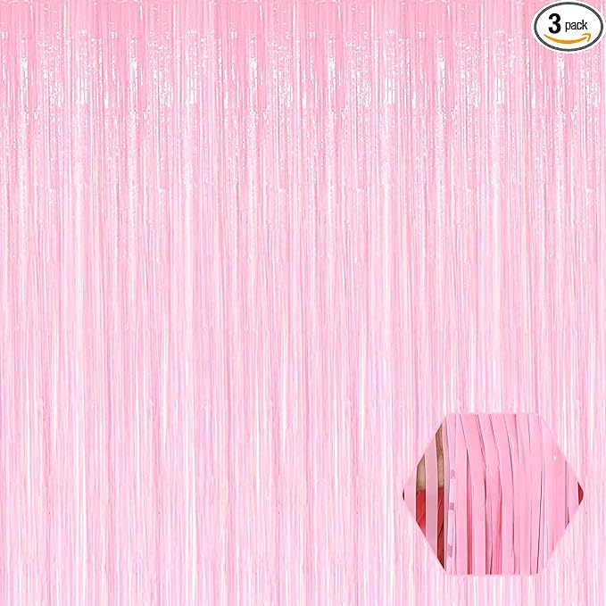 3 Pack Macaron Pink Foil Fringe Curtain Backdrop, 3.28Ft x 6.6Ft Metallic Tinsel Foil Fringe Streamer Curtains for Photo Booth, Christmas Day, Thanksgiving, Wedding, New Year Party Decorations