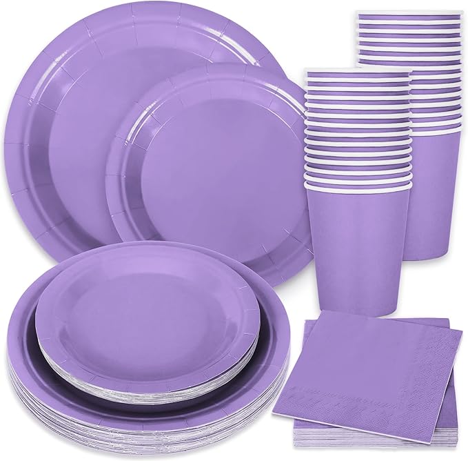 Whaline 100Pcs Lavender Tableware Set Graduation Light Purple Disposable Dinnerware Set 50Pcs Paper Plates 25Pcs Napkin 25Pcs Cups for School Wedding Birthday Bride Shower Party Supplies Table Decor