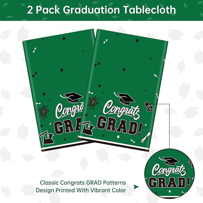 2 Pack Green Graduation Tablecloth - Congrats Grad Table Cloths, Plastic Disposable Rectangle Class of 2026 Table Cover for Graduation Tables Decorations Party Decor Supplies Favors,108 x 54 Inch