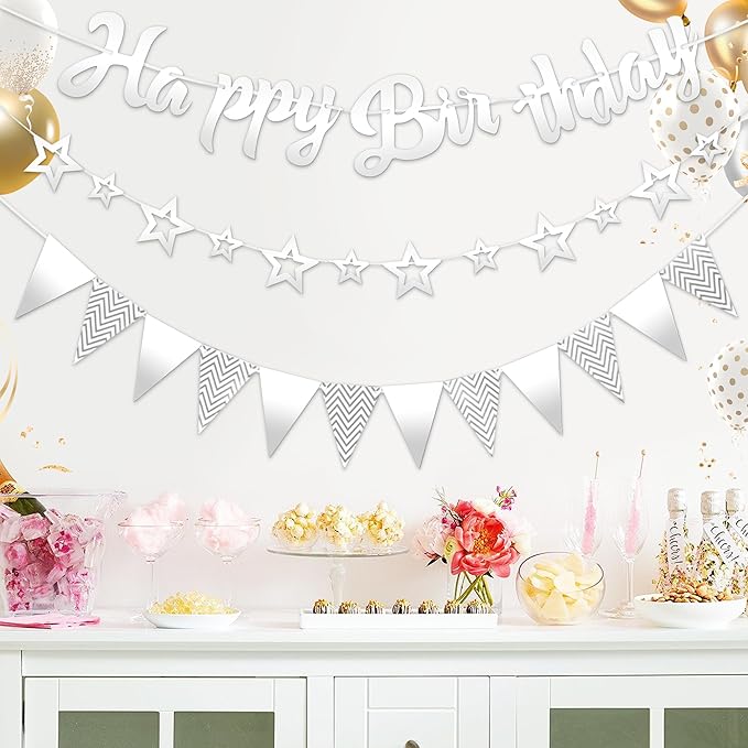 CANREVEL 3 PCS Silver Happy Birthday Banners, Hanging Stars Garland and Pennant Banner Flags, Silver Garland for Silver Party Decorations, Birthday Party Supplies for Women Men Girls Boys Adults