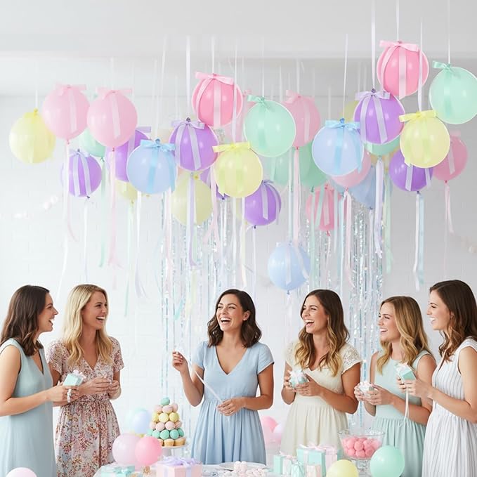 TaoBary 24 Set Easter Pastel Latex Party Balloons, 12inch Macaron Rainbow Latex Balloons and Macaron Ribbon Bows with Twist Tie for Baby Shower Birthday Party Bridal Shower Wedding Decor