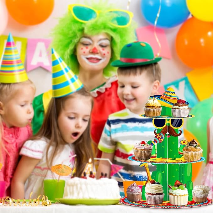 Fiesta Party Decorations - 3 Tier Mexican Birthday Party Cupcake Stand & Topper - Cactus Fiesta Cupcake Holder Display - Cinco De Mayo & Baby Shower Supplies