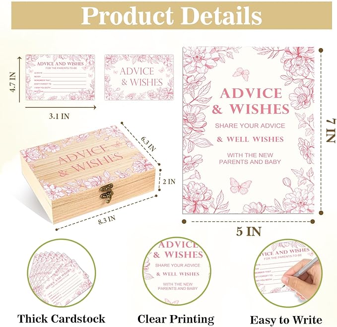 Pink Floral Baby Shower Advice Cards, Baby Shower Advice Boxes, Advice & Wishes Cards Box Presents for Babies, 50 Pcs Double Sided Card and Wooden Well Wish Box, Party Decoration Gifts for New Parents