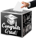JWSCYSY Graduation Card Box Holder, Congrats Grad Foldable Cardboard Decorations Box for Graduation Party Favors Decor Party Supplies (Black Silver)