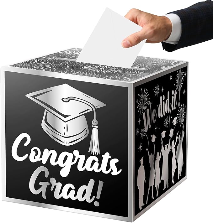 JWSCYSY Graduation Card Box Holder, Congrats Grad Foldable Cardboard Decorations Box for Graduation Party Favors Decor Party Supplies (Black Silver)