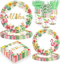 168PCS Hawaiian Flamingo Party Supplies Set for Kids Boys Girls Aloha Theme Birthday Plates Cups Napkins Forks Knives Straws Tableware for 24 Guests Summer Beach Luau Tropical