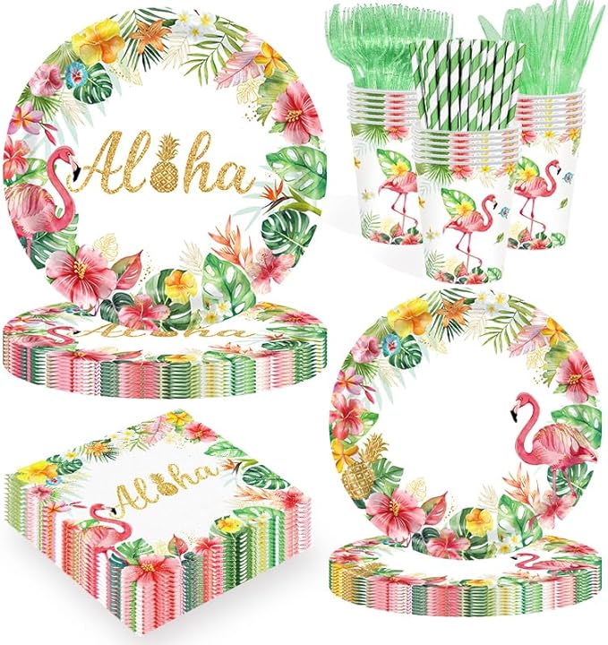 168PCS Hawaiian Flamingo Party Supplies Set for Kids Boys Girls Aloha Theme Birthday Plates Cups Napkins Forks Knives Straws Tableware for 24 Guests Summer Beach Luau Tropical
