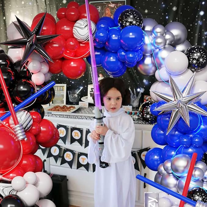 Galaxy Wars Balloon Garland Arch Kit 151Pcs Royal Blue Red Black White Silver Balloons for Universe Star Birthday One With The Force Party Decorations (Red Blue)