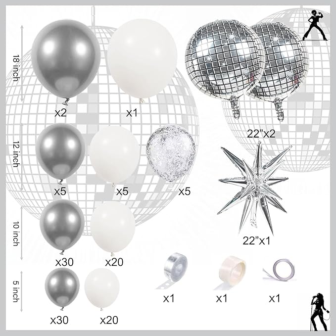 Disco Party Balloon Garland Arch Kit 134 Pcs Metallic Silver Matte White Confetti Balloons Disco balls for Adult Birthday Dancing Decor Graduation Party New Year Eve 2026 NYE Decoration