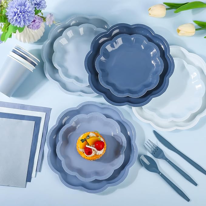 168 Pcs Dusty Blue Paper Plates and Napkins 24 Guests Gradient Scalloped Disposable Tableware Party Supplies Set for Baby Shower Wedding Birthday Garden Tea Party (Dusty Blue)