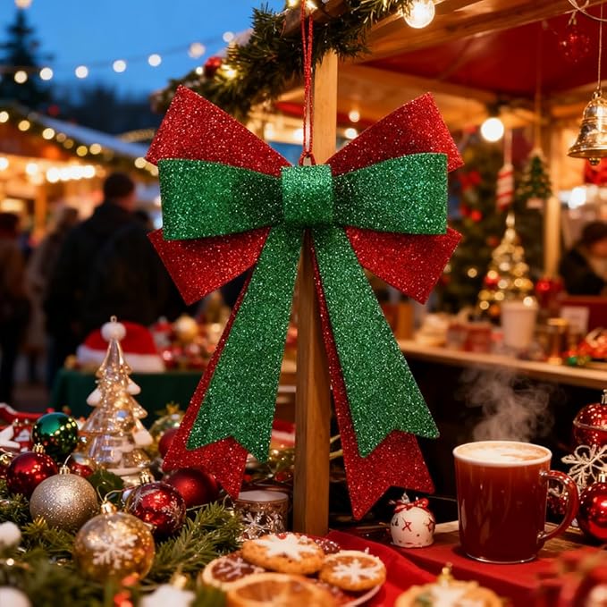 Metal Sparkly Christmas Red Bow Wall Decoration Hanging Xmas Red Bow for Wreath Christmas Tree Topper Ornaments Outdoor Indoor Christmas Decorations for Party Front Door Porch Home