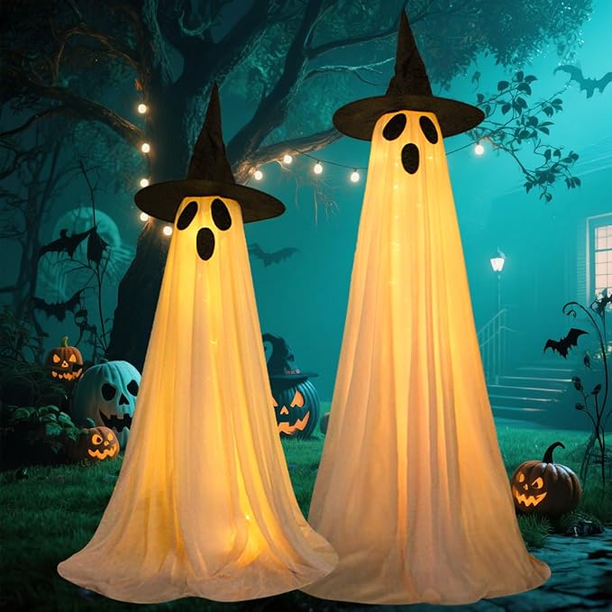 2 Packs Halloween Decorations Outdoor, Light Up Ghost Decorations with 8 Modes & Timer, Battery Operated Halloween Lights Spooky Ghost Decor for Front Porch Yard Lawn Haunted House Party Decor