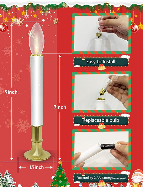 10 Pack Ultra-Bright LED Christmas Window Candles with Brass-Plated Base, Battery Operated Flameless Candles with LED C26 Warm White Bulbs Christmas Window Lights for Holiday Home Wedding Decorations