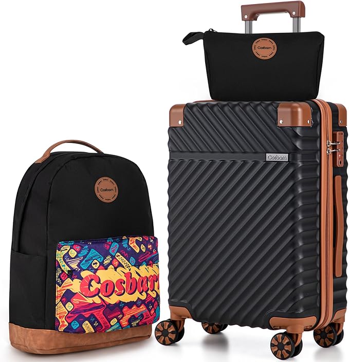 Cosbarn Carry On Luggage 22x14x9 Airline Approved, Hardside 20 Inch Carry on Suitcases with Wheels, Hard Shell ABS Lightweight Carry on Luggage Set, Travel Suitcase Set with TSA Lock, Black