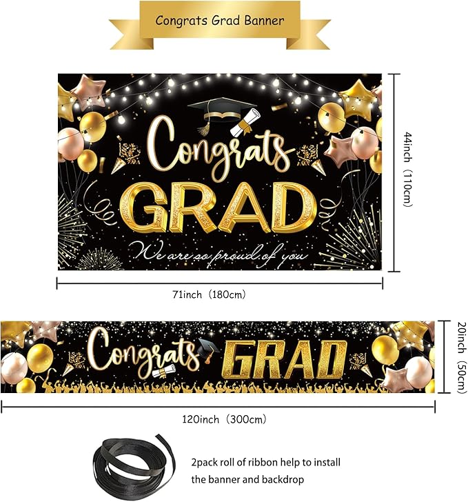 Large Banner and Backdrop for Party, Yard, Garden – Party Supplies for Indoor/Outdoor (Graduation Black)
