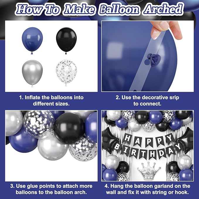 Navy Blue and Black Birthday Decorations for Men, Black Blue Confetti Balloon with 'HAPPY BIRTHDAY' Banner Fringe Curtains Crown Foil Balloons Cake Topper for Men Boys Adults Party Decor