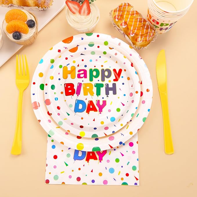 176PCS Happy Birthday Party Supplies, Happy Birthday Plates Serves 25, Includes Birthday Plates and Napkins, Cups,Yellow Cutlery and Happy Birthday Banner for Happy Birthday Party Decorations, 9inch