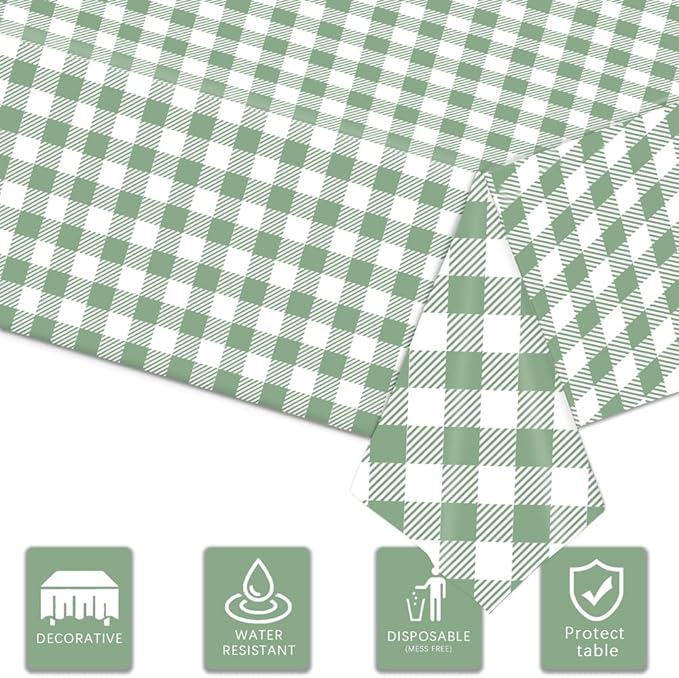 3 Pack Green Gingham Tablecloths, 54 X 108Inch Disposable Party Table Covers Scalloped Green Checkered Table Cloth Waterproof Green White Tablecloth for Birthday Barbecue Tea Party Wedding