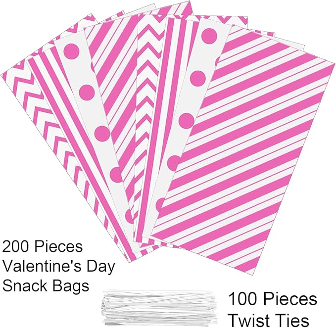 Aneco 100 Pack Pink Cellophane Bags 10.6 x 5.1 Inch Plastic Candy Bags Gift Bags Goodie Bags with Twist Ties for Valentine, Birthday, Gift Cookie Snack Packing Party Favor Supplies